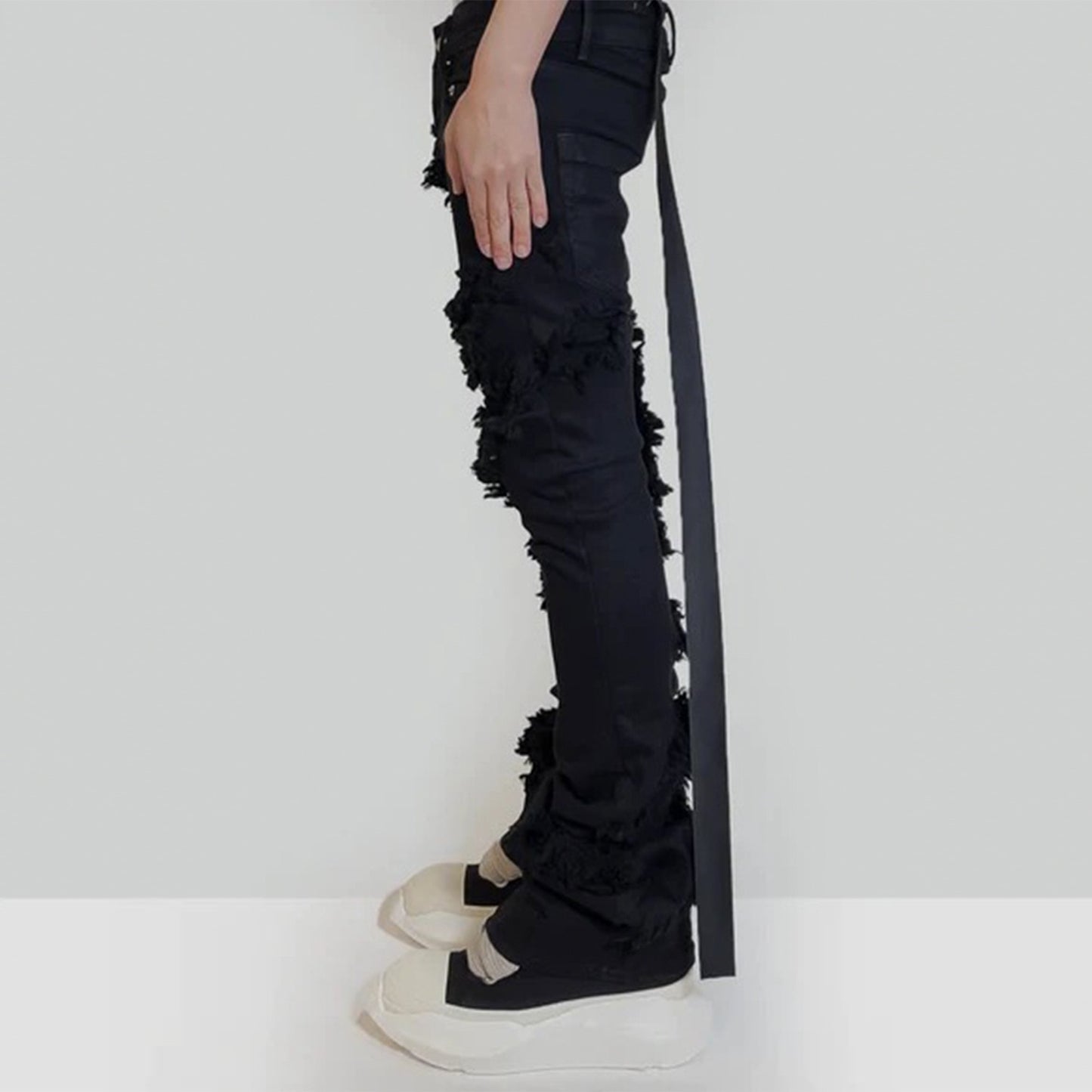 ins dark series washed and distressed raw edge jeans men's streetwear hip-hop stitching flared pants patchwork jeans