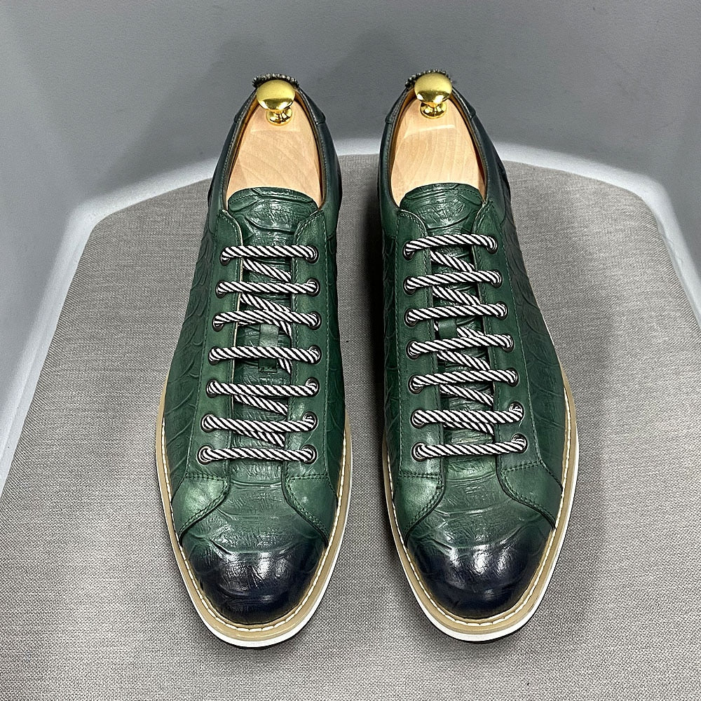 Classic Mens Casual Shoes Genuine Leather Lace-Up Fashion Sneakers Luxury Brand Alligator Print Street Travel Flat Shoes for Men