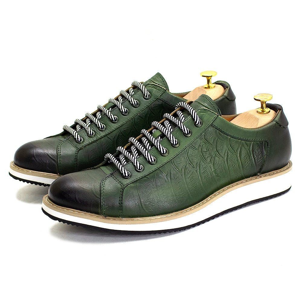 European Style Men's Casual Shoes Real Cow Leather Green Black Fashion Designer Luxury Crocodile Print Street Flat Shoes for Men
