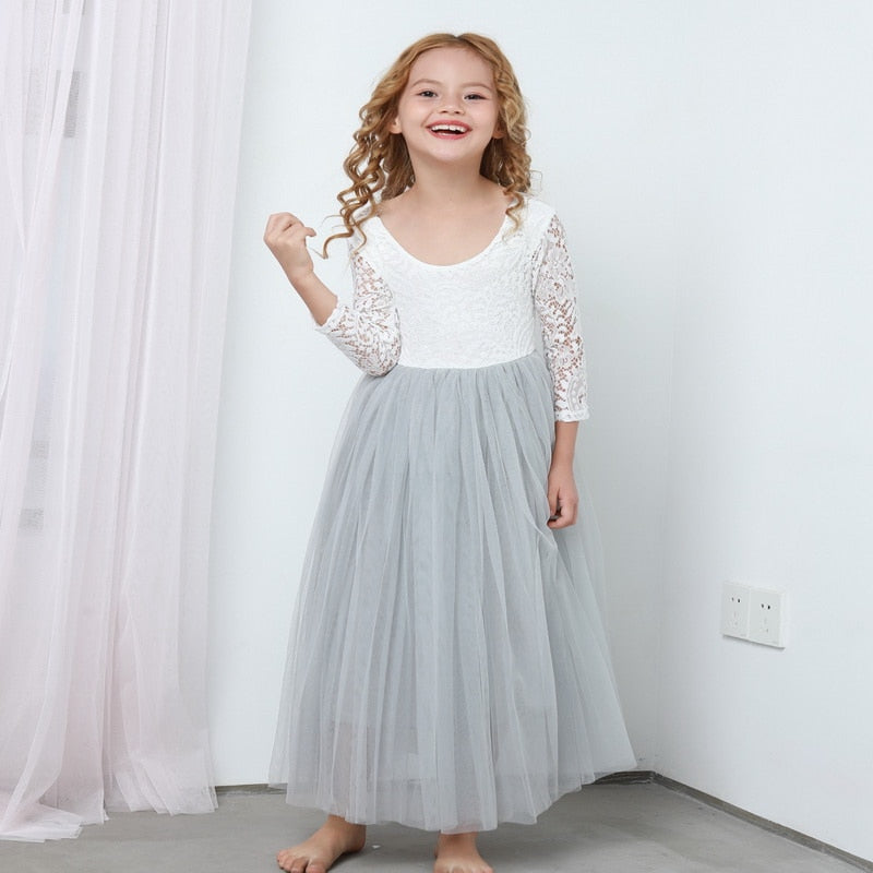 Princess Dress for Girls Ankle Length Wedding Party Dress Eyelash Back White Lace Beach Dress Children Clothing E15177 - https://www.luxenorstore.com