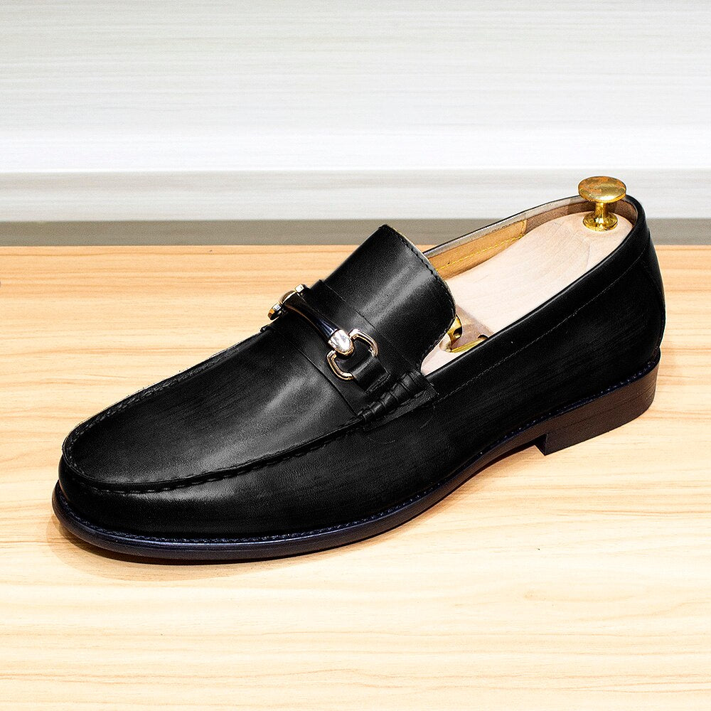 Classic Men's Loafers Genuine Leather Handmade Metal Chain Casual Business Dress Shoes Fashion Party Wedding Footwear for Men