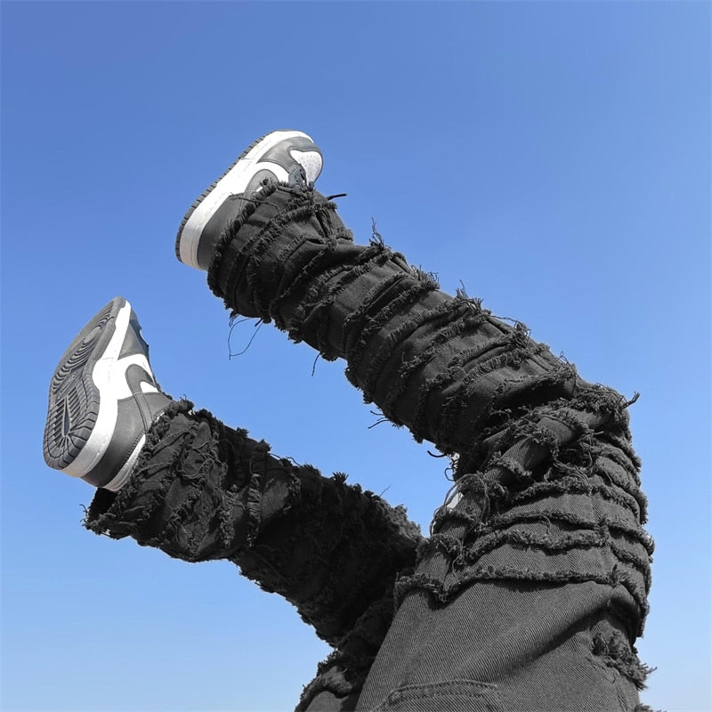 American Street Hip-hop Heavy Industry Ripped Men's Jeans 2023 Spring  Straight Loose Vibe Style Skateboard White Flared Pants