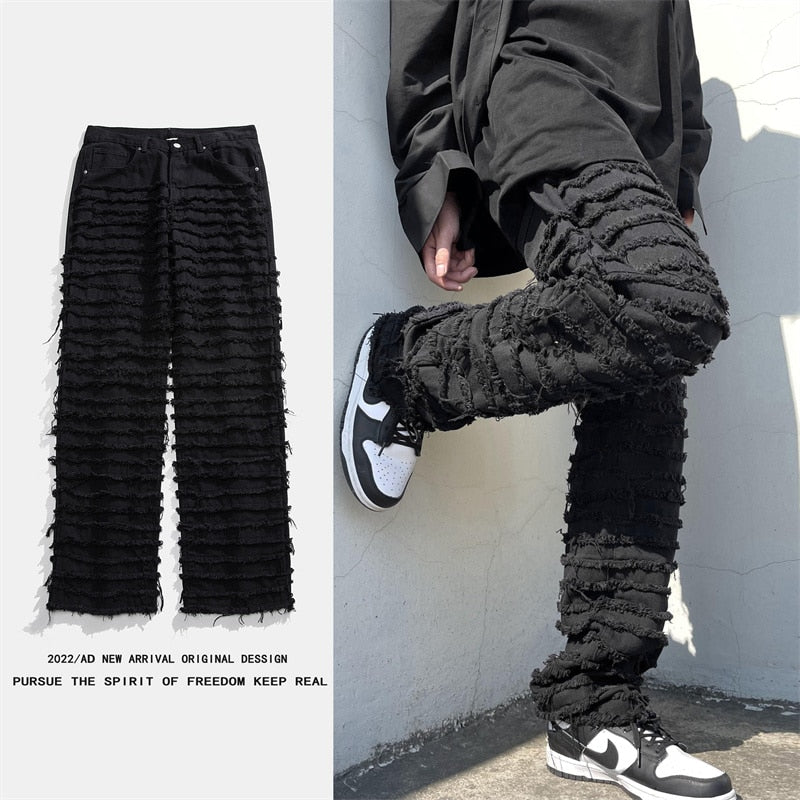 American Street Hip-hop Heavy Industry Ripped Men's Jeans 2023 Spring  Straight Loose Vibe Style Skateboard White Flared Pants