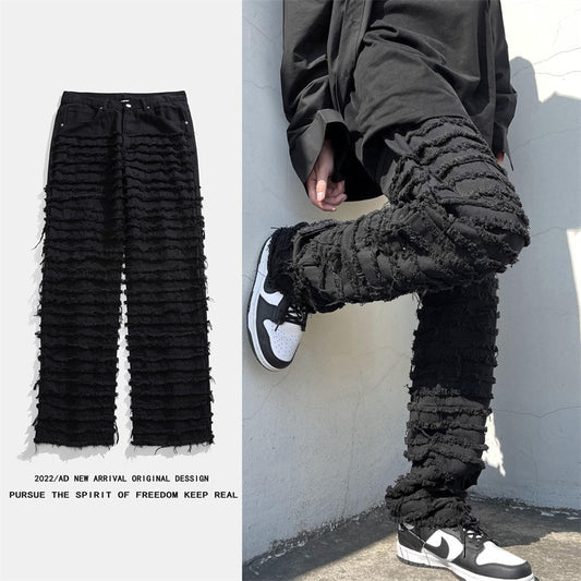 American Street Hip-hop Heavy Industry Ripped Men's Jeans 2023 Spring  Straight Loose Vibe Style Skateboard White Flared Pants