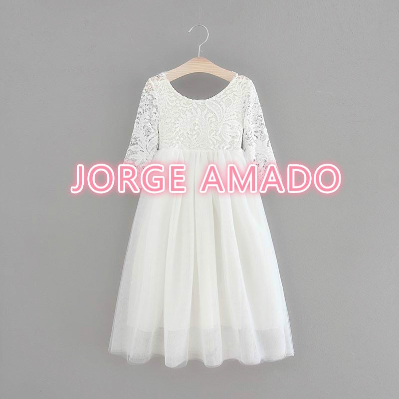 Princess Dress for Girls Ankle Length Wedding Party Dress Eyelash Back White Lace Beach Dress Children Clothing E15177 - https://www.luxenorstore.com