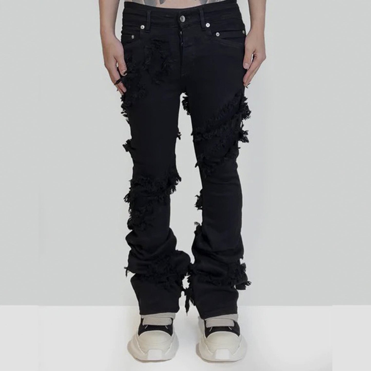 ins dark series washed and distressed raw edge jeans men's streetwear hip-hop stitching flared pants patchwork jeans