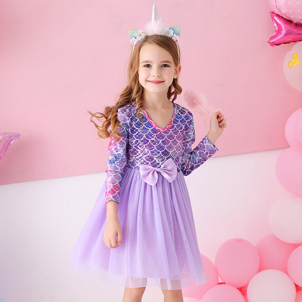 VIKITA Kids Tutu Dress for Girls Long Sleeve Party Prom Vestidos Toddlers Mermaid Unicorn Dresses Kids Princess Autumn Dress