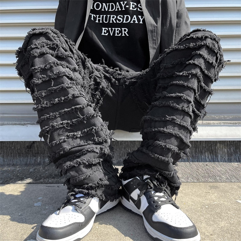 American Street Hip-hop Heavy Industry Ripped Men's Jeans 2023 Spring  Straight Loose Vibe Style Skateboard White Flared Pants