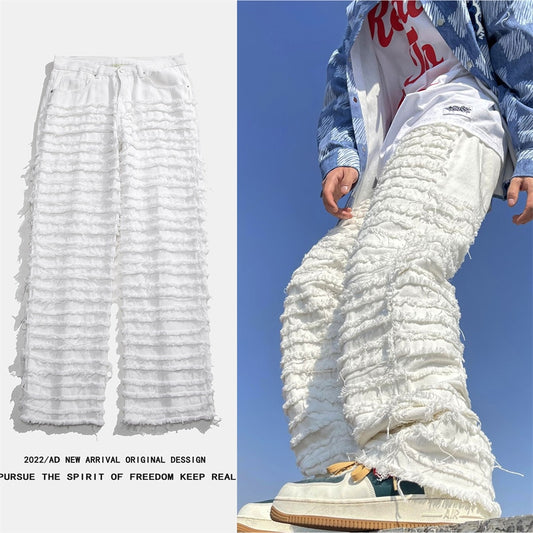 American Street Hip-hop Heavy Industry Ripped Men's Jeans 2023 Spring  Straight Loose Vibe Style Skateboard White Flared Pants