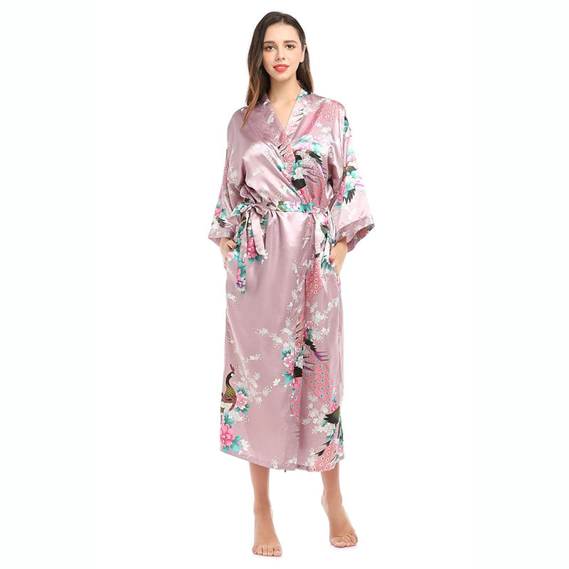 Womens Silk Satin Kimono Robes Long Sleepwear Dressing Gown Floral Peacock Printed Pattern Party Wedding Bridesmaid Bathrobe