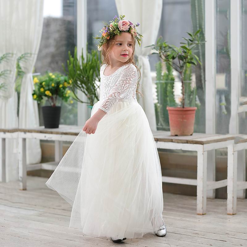Princess Dress for Girls Ankle Length Wedding Party Dress Eyelash Back White Lace Beach Dress Children Clothing E15177 - https://www.luxenorstore.com