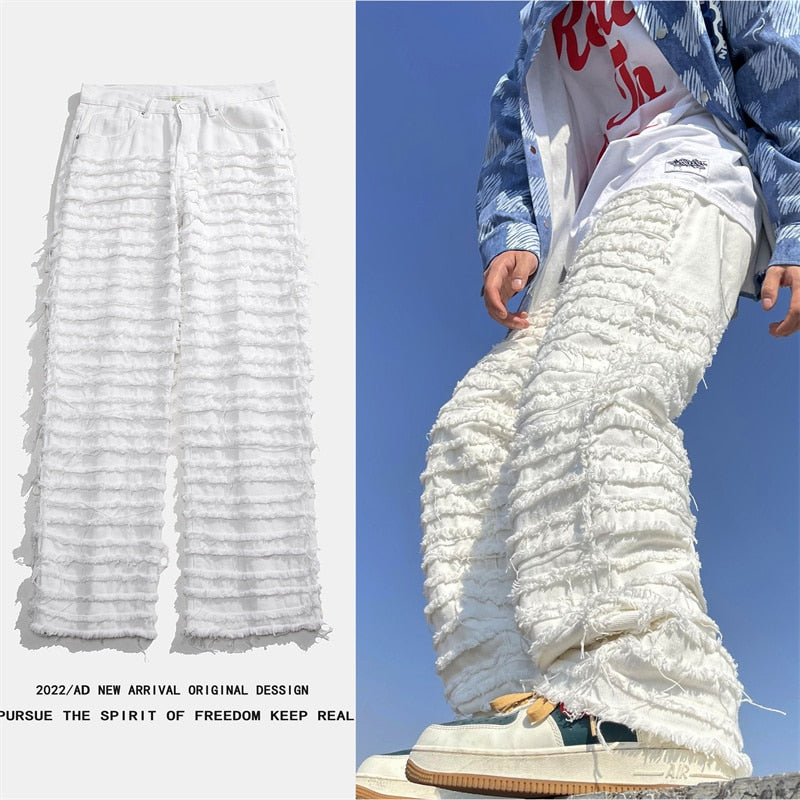 American Street Hip-hop Heavy Industry Ripped Men's Jeans 2023 Spring  Straight Loose Vibe Style Skateboard White Flared Pants