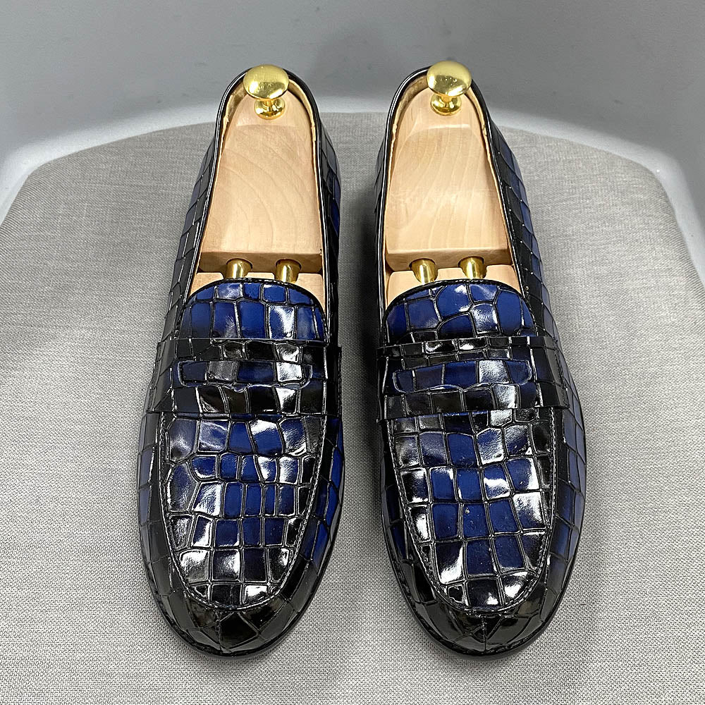 Brand Design Luxury Mens Penny Loafer Genuine Cow Leather Male Dress Shoes Round Toe Alligator Print Wedding Party Shoes for Men