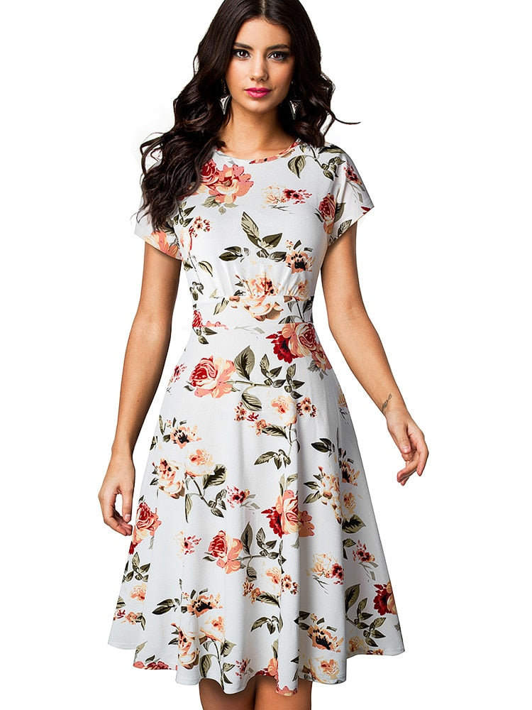 Nice-forever Vintage Elegant Floral Print Pleated Round neck vestidos A-Line Pinup Business Party Women Flare Swing Dress A102