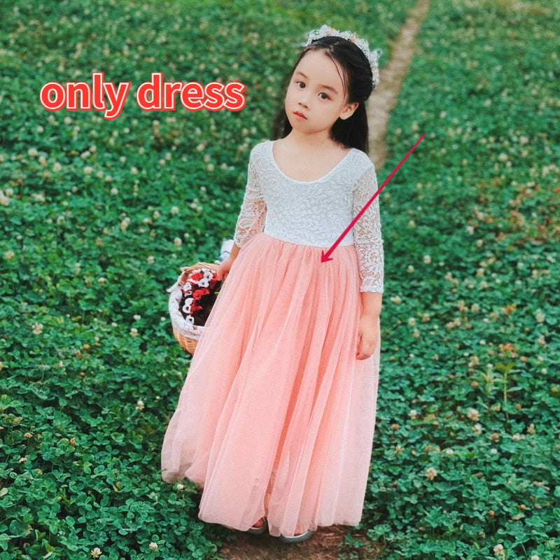 Princess Dress for Girls Ankle Length Wedding Party Dress Eyelash Back White Lace Beach Dress Children Clothing E15177 - https://www.luxenorstore.com