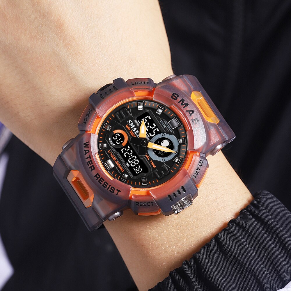 SMAEL Men Sport Watch LED Light Alarm Digital Clock Dual Time Display Week Auto Date Backlight Youth Quartz Wristwatches Male