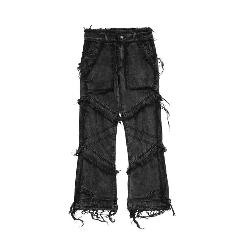 ins dark series washed and distressed raw edge jeans men's streetwear hip-hop stitching flared pants patchwork jeans
