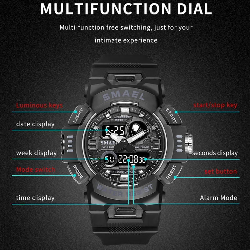 SMAEL Men Sport Watch LED Light Alarm Digital Clock Dual Time Display Week Auto Date Backlight Youth Quartz Wristwatches Male