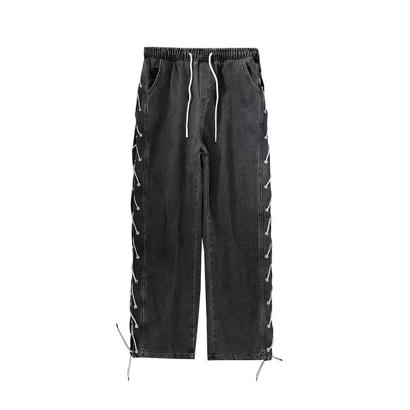 New Drawstring Knitted Jean Pants Men Straight Loose Hip Hop Pants Fashion Patckwork Casual Streetwear Jeans Male Trousers